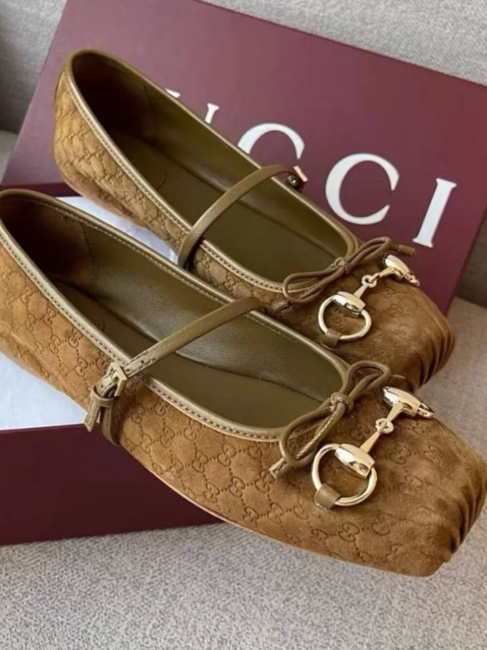 Gucci GG Embossed Suede Horsebit Mary Jane Flats